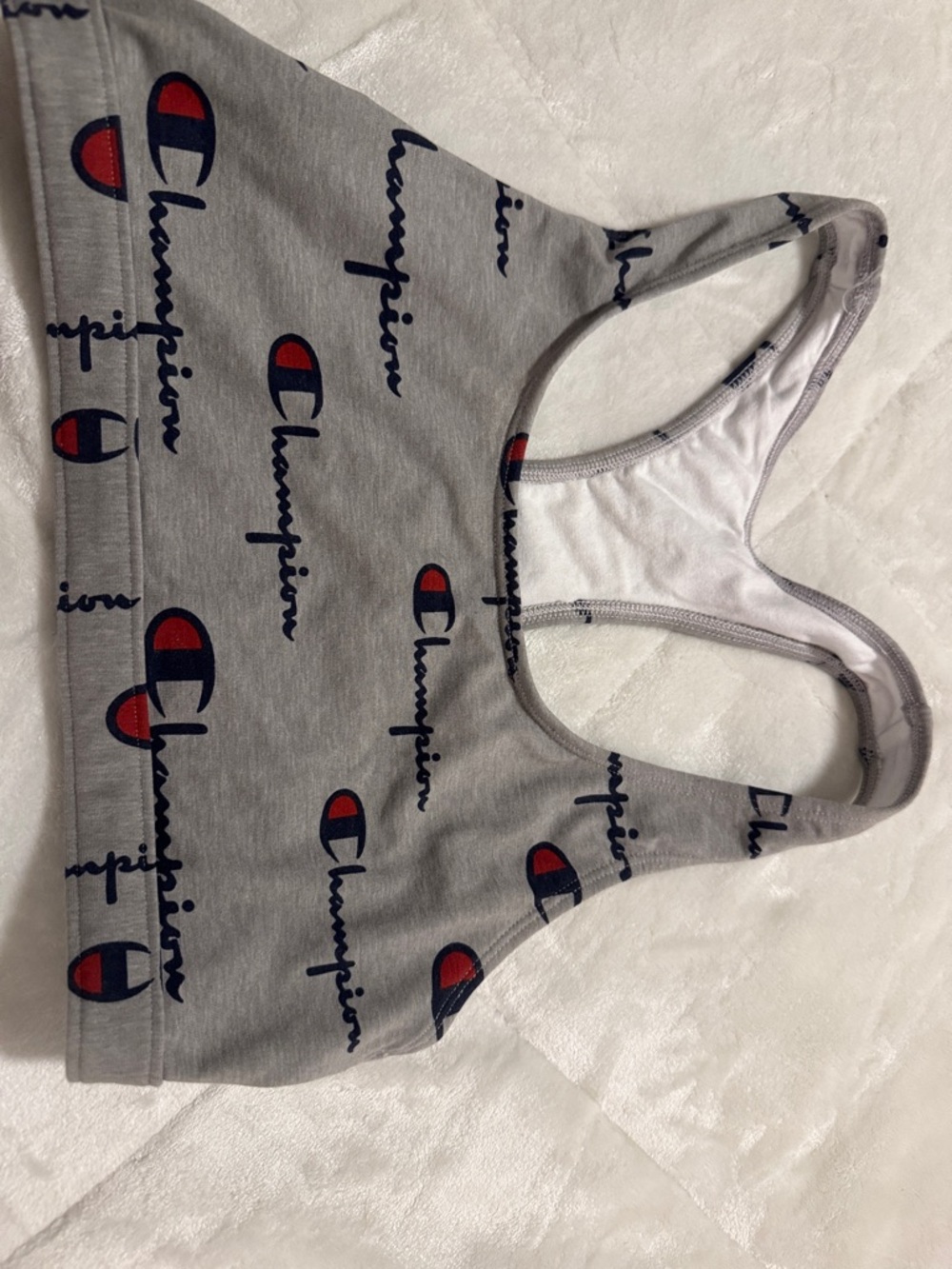 Champion Grey Sports Bra with Navy Script and Red Logo Accents